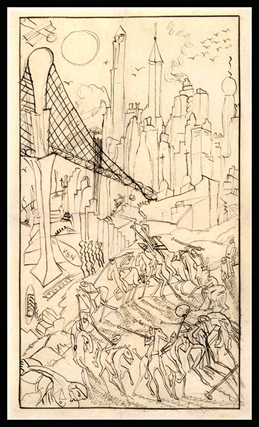 《工业之轮在纽约》素描稿，23.2 x 13.1 公分，铅笔纸本，1932 年作。（图片版权／Courtesy of Estate of Yun Gee）